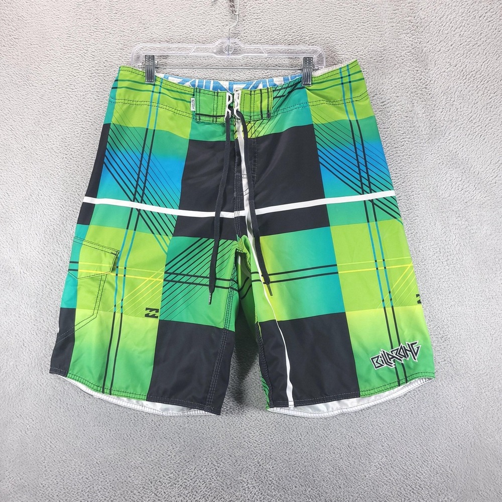VTG Billabong Swim Shorts 36 Green Plaid Boardshorts Quick Dry Surf Beach Y2K